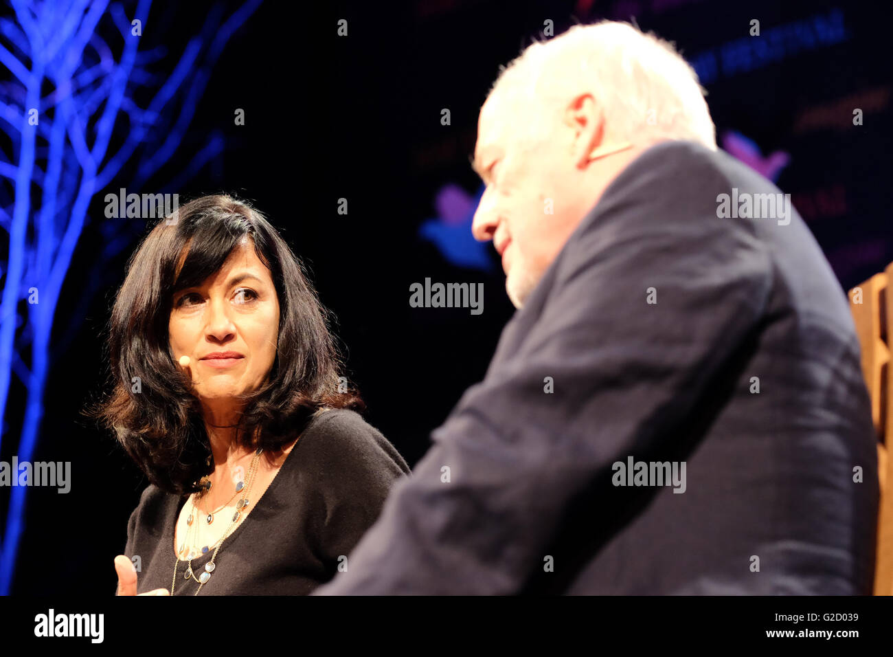 Hay Festival - May 2016 - Guitarist Dave Gilmour and his novelist lyricist wife Polly Samson on stage at Hay Festival on the second evening to talk their about their latest album Rattle That Lock. Stock Photo