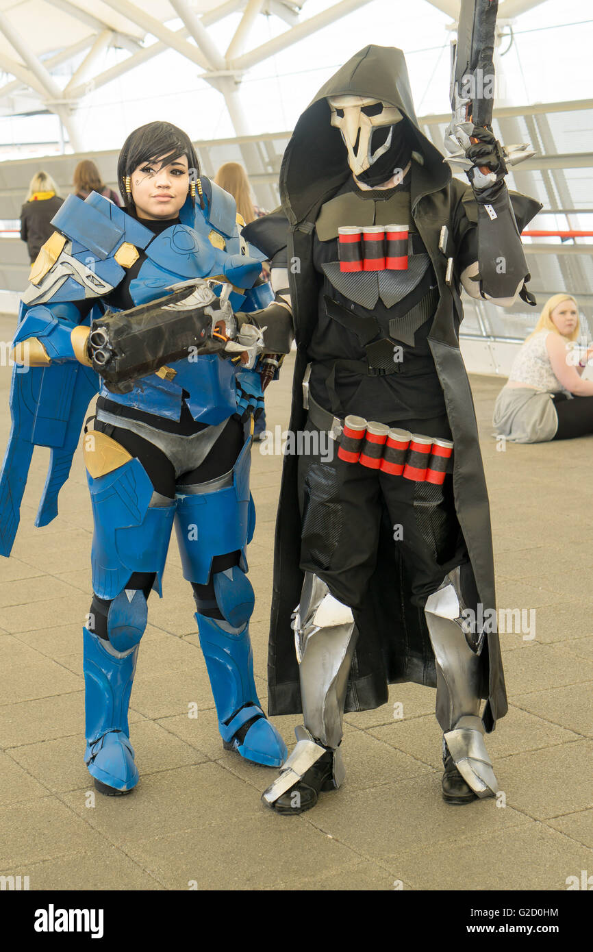 London, UK. 27th May, 2016. Hundreds of young people dress in cosplay,  sci-fi, fantasy and superhero costumes hanging around the open space of  Excel London poshing for photoshoot on the first day