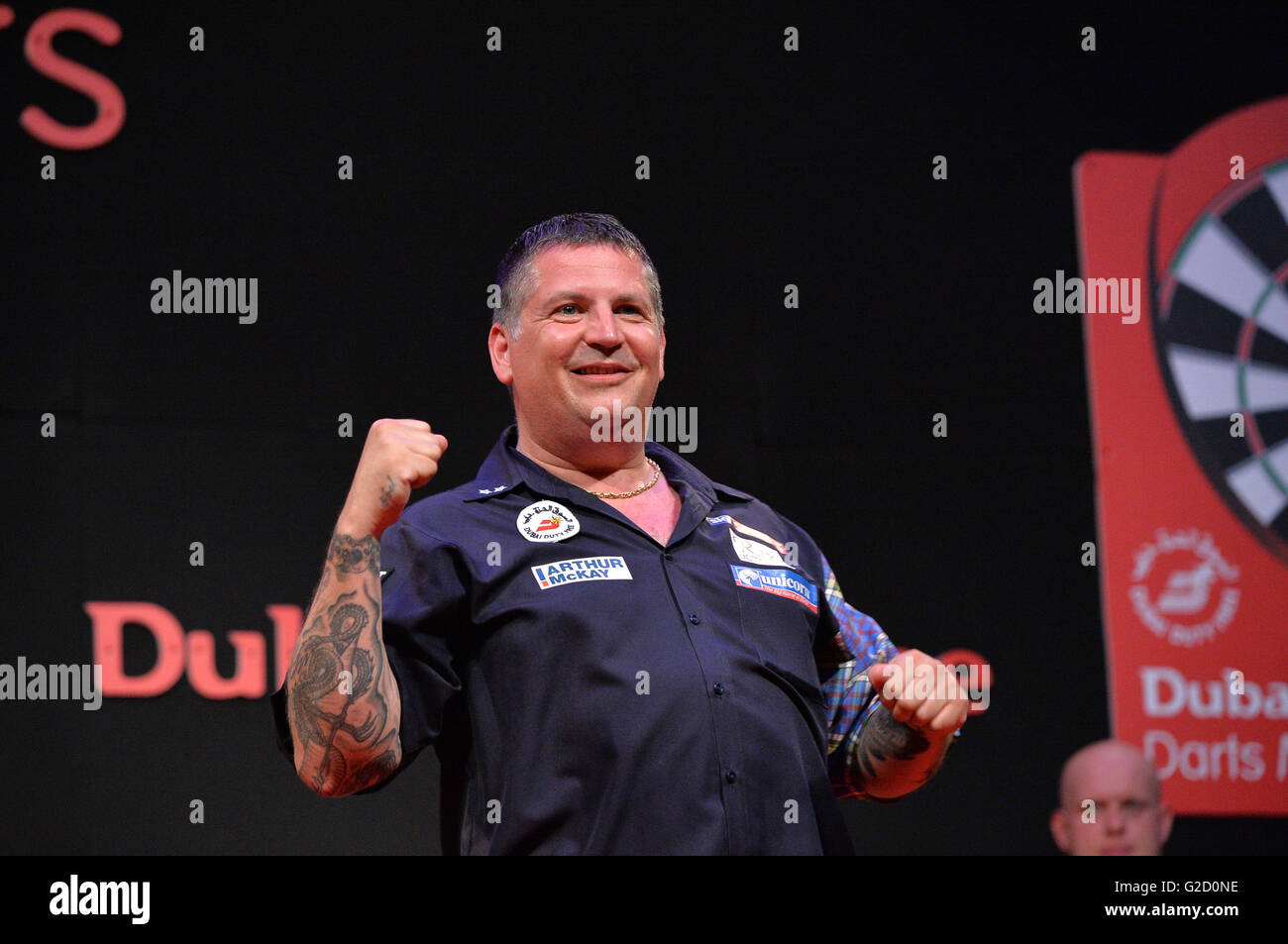 DUBAI, UAE, 27th March 2016. Scotland's Gary Anderson celebrates after  winning the 2016 Dubai Duty Free Darts Masters Tournament. Current PDC  World Champion Anderson beat defending three time DDF Darts Masters Champion