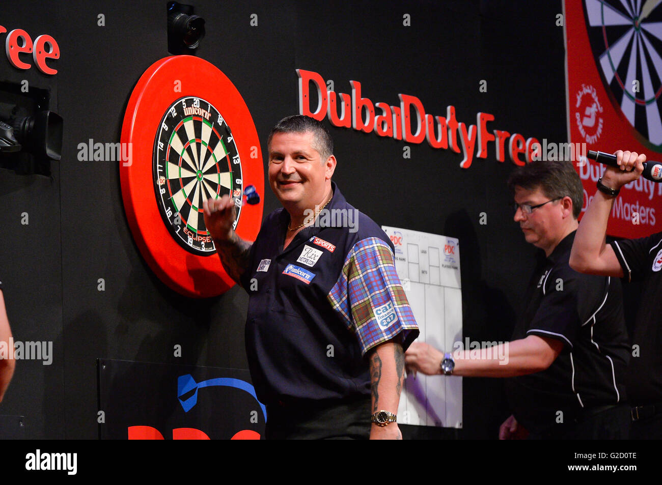 DUBAI, UAE, 27th March 2016. Scotland's Gary Anderson is all smiles after  winning the 2016 Dubai Duty Free Darts Masters Tournament. Current PDC  World Champion Anderson beat defending three time DDF Masters