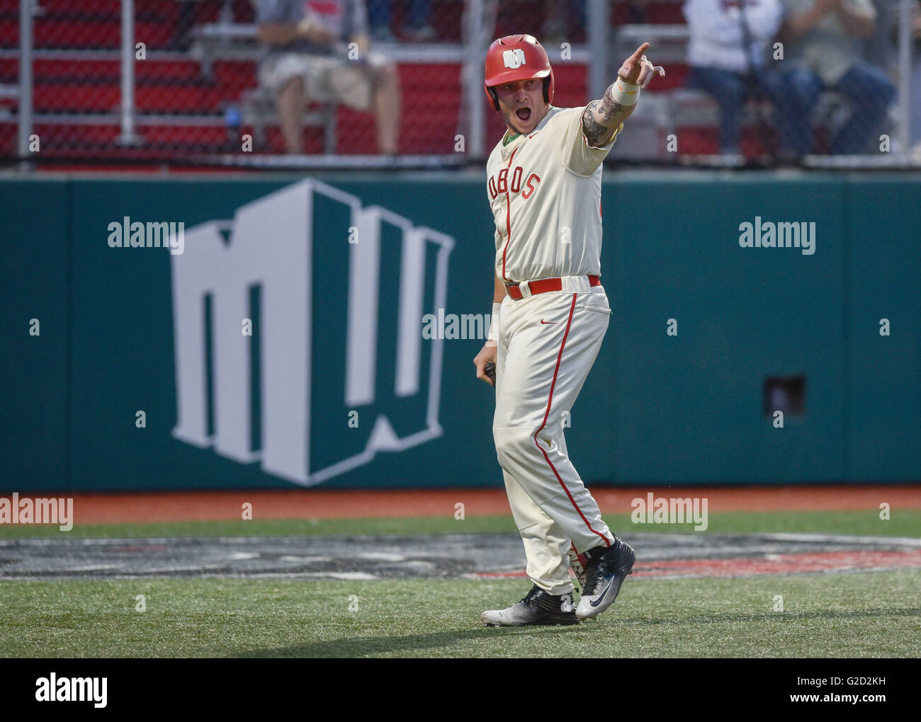 Albuquerque, New Mexico, USA. 27th May, 2016. Journal.Lobo Chris DeVito(cq) gets pumped up after scoring against Air Force Friday evening during their Mountain West Conference Tournament game. The Lobos defeated the Falcons 6 to 4. Albuquerque, New Mexico © Roberto E. Rosales/Albuquerque Journal/ZUMA Wire/Alamy Live News Stock Photo
