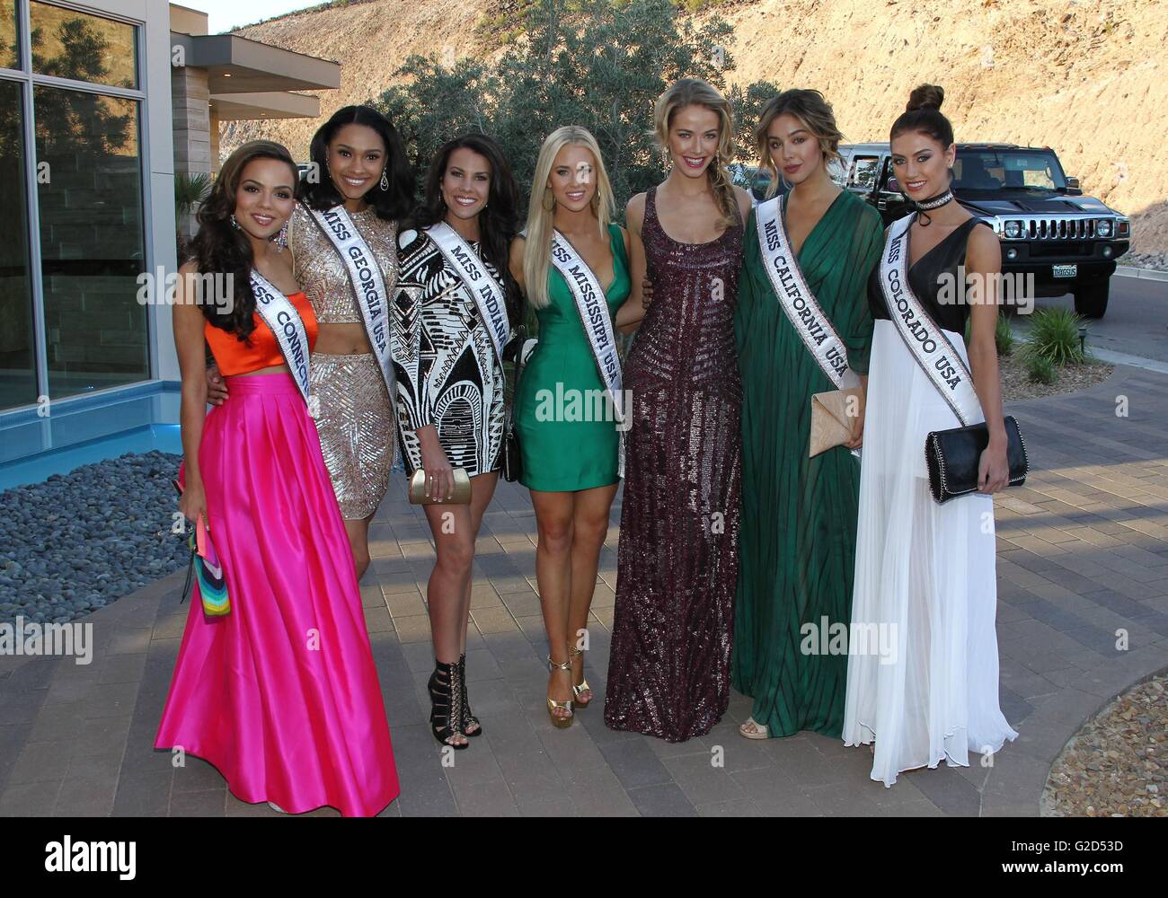 Henderson, NV, USA. 27th May, 2016. Miss Connecticut USA, Tiffany Teixeira, Miss Georgia USA, Emanii Davis, Miss Indiana USA, Morgan Abel, Miss Mississippi USA, Haley Sowers, Miss USA 2015, Olivia Jordan, Miss California USA, Nadia Mejia, Miss Colorado USA, Caley-Rae Pavillard at a public appearance for Miss USA 2016 Welcome Reception, Waters Edge Show Home, Henderson, NV May 27, 2016. Credit:  James Atoa/Everett Collection/Alamy Live News Stock Photo