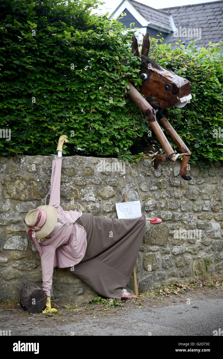 Scarecrow Festival, Loders and Uploaders villages, Dorset, UK. 28th May, 2016.  Emmeline Pankhurst and horse scarecrow Credit:  Dorset Media Service/Alamy Live News Stock Photo