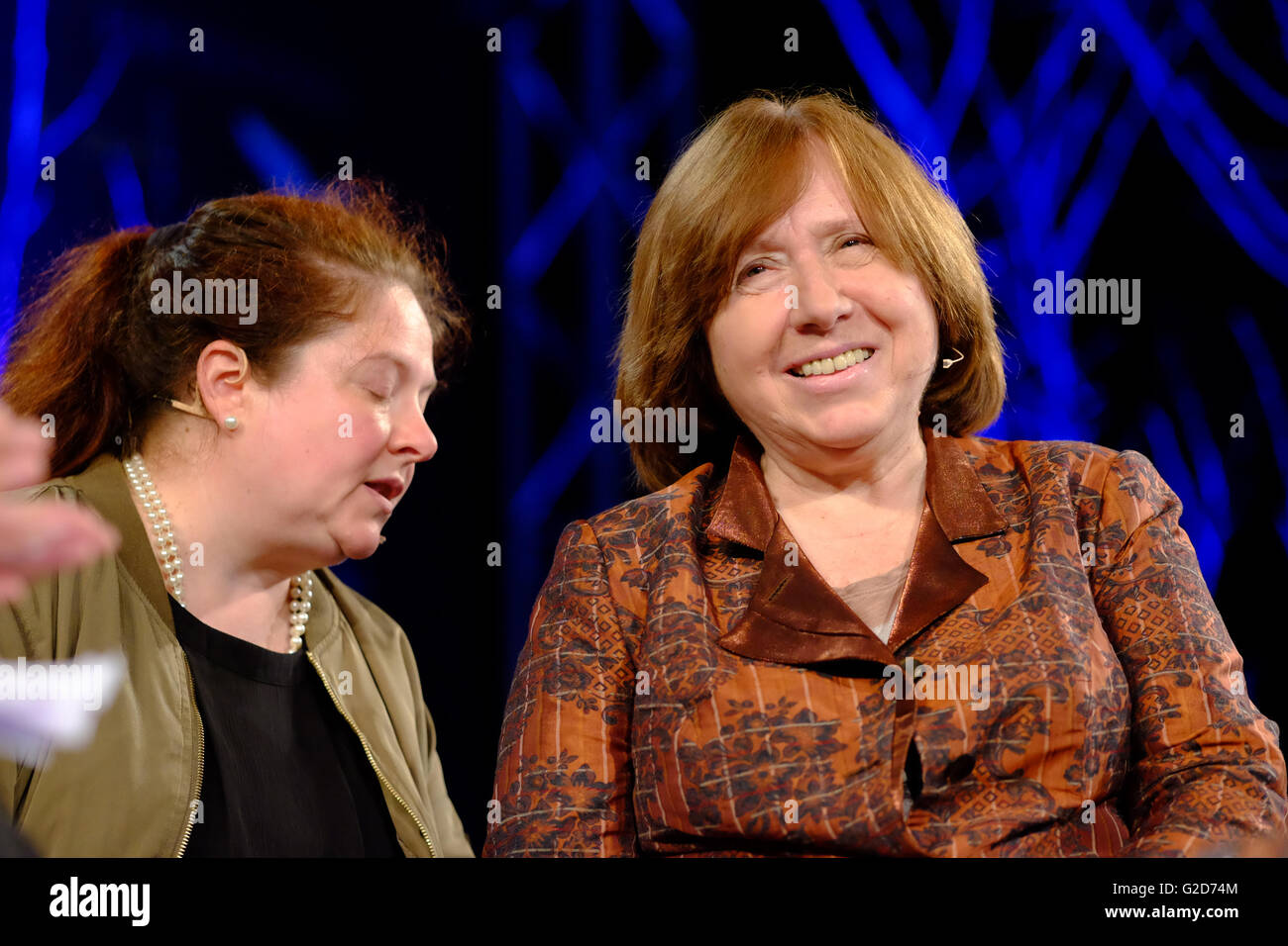 Hay Festival - Saturday 28th May 2016 - Journalist, author and Nobel Literature Laureate Svetlana Alexievich on stage with her translator talking about her most recent work Second Hand Time. Stock Photo