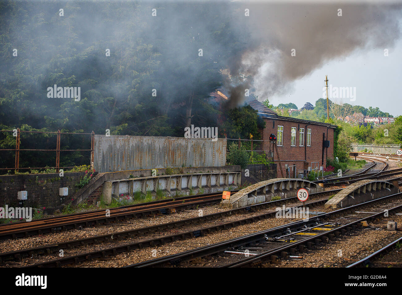 Salisbury, UK. 28th May, 2016. The fire alongside the tracks at Salisbury Station which delayed  the Flying Scotsmans departure Credit:  David Betteridge/Alamy Live News Stock Photo