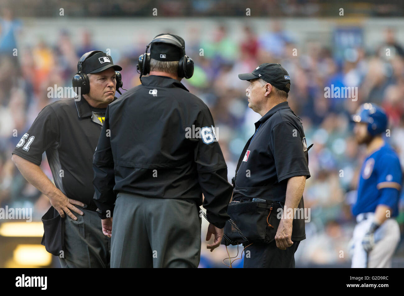 Milwaukee, WI, USA. 27th May, 2016. Umpires wait for a replay call during the Major League Baseball game between the Milwaukee Brewers and the Cincinnati Reds at Miller Park in Milwaukee, WI. Brewers defeated the Reds 9-5. John Fisher/CSM/Alamy Live News Stock Photo