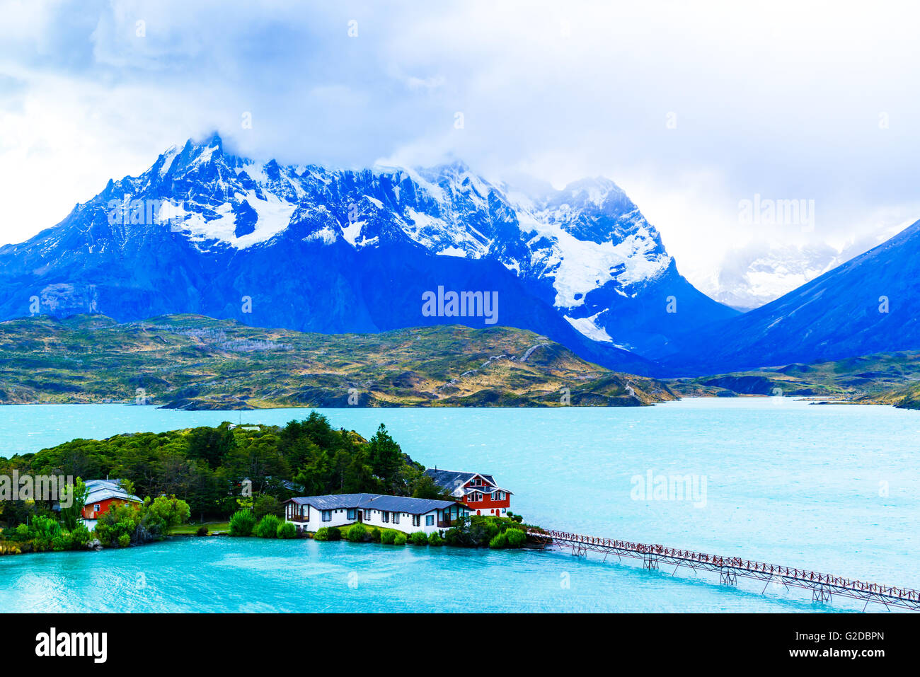 View of Cuernos Del Paine and Lake Pehoe in Torres Del Paine National Park Chile Stock Photo