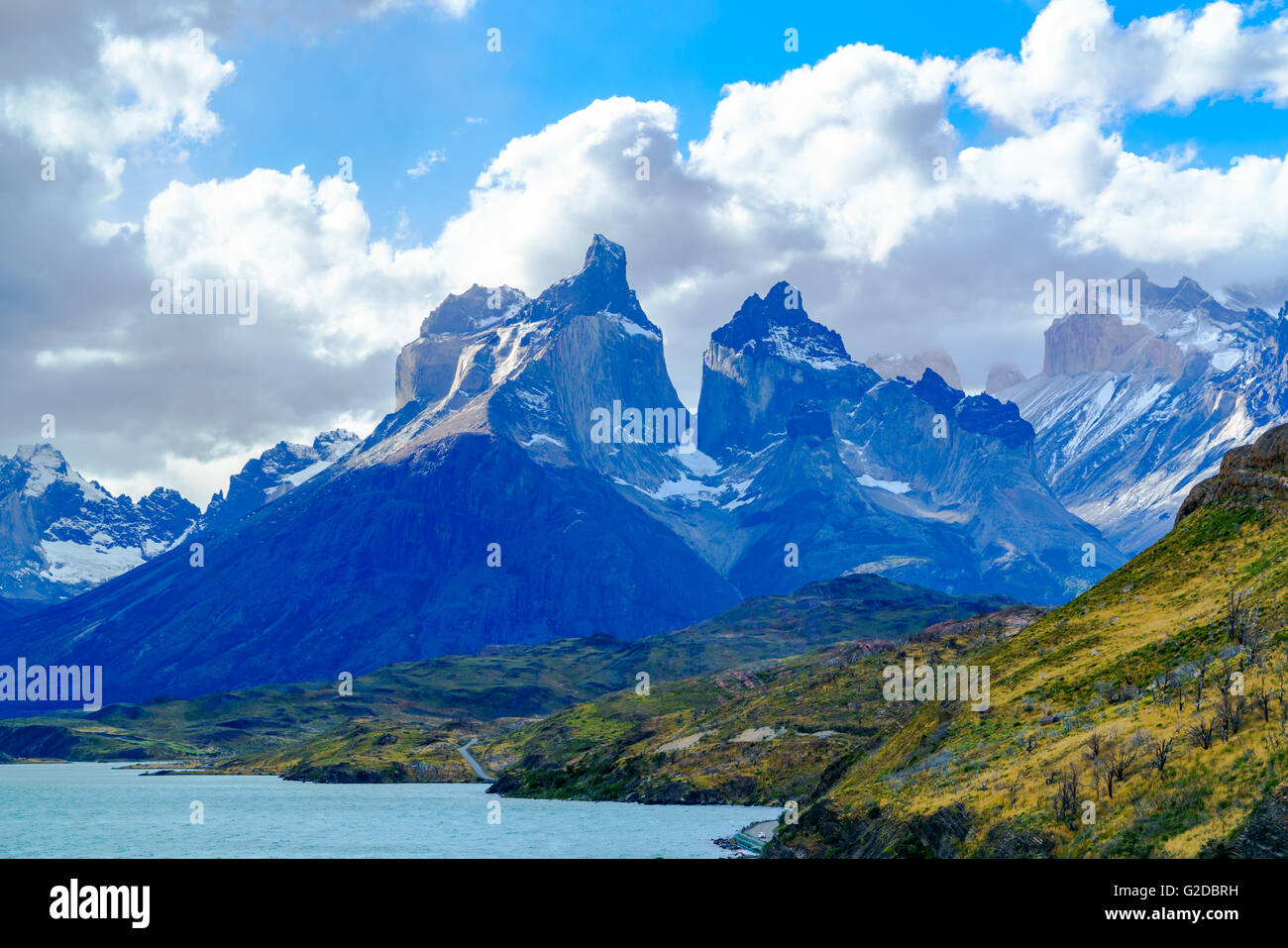 View of Cuernos Del Paine at Lake Pehoe in Torres Del Paine National Park Chile Stock Photo