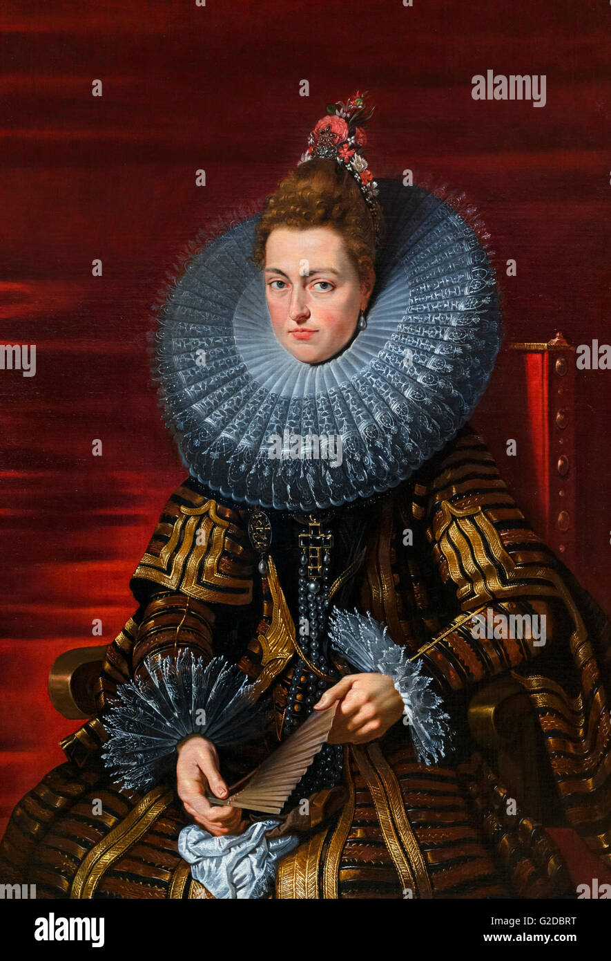 Infanta Isabella of Spain. Portrait of the Infanta Isabella by the Studio of Peter Paul Rubens, oil on canvas, c.1615.  Isabella Clara Eugenia (Isabel Clara Eugenia; 1566-1633) was sovereign of the Spanish Netherlands in the Low Countries and the north of modern France, together with her husband Albert. In some sources, she is referred to as Clara Isabella Eugenia. By birth, she was an infanta of Spain and Portugal. Stock Photo