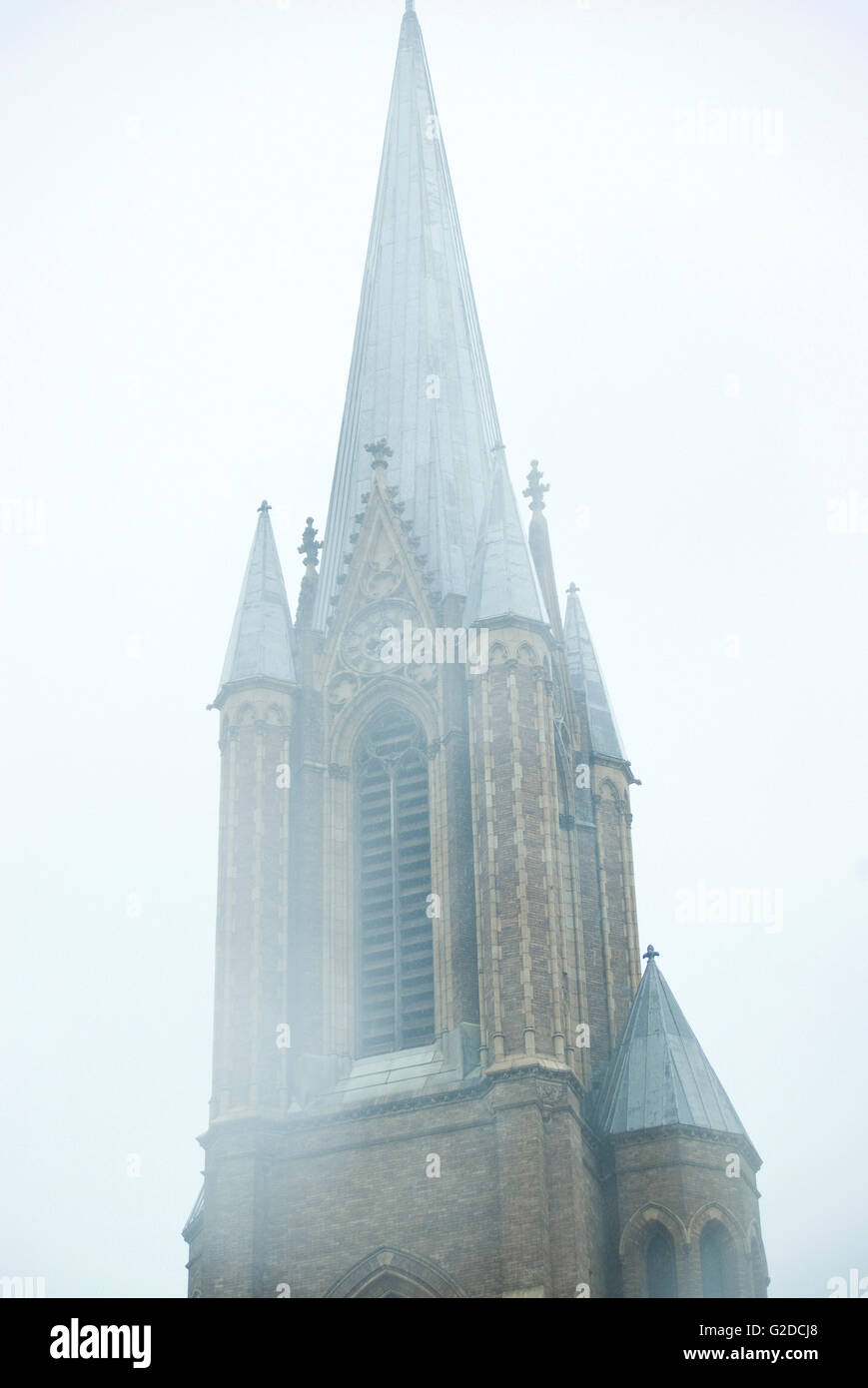 Old Church Steeple Through Fog, Brooklyn, New York, USA Stock Photo