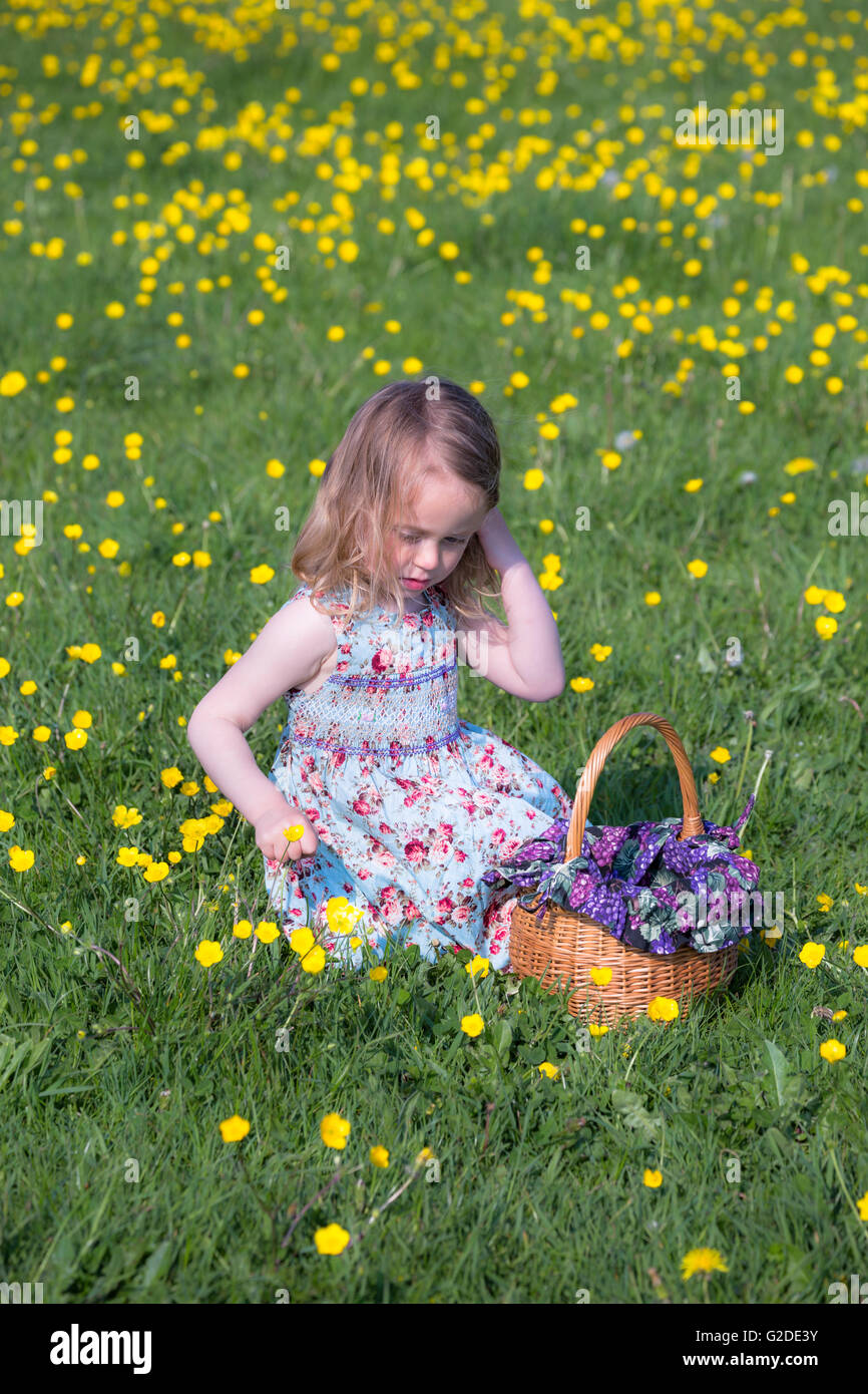 a 3 year old girl is picking yellow flowers in a basket Stock Photo