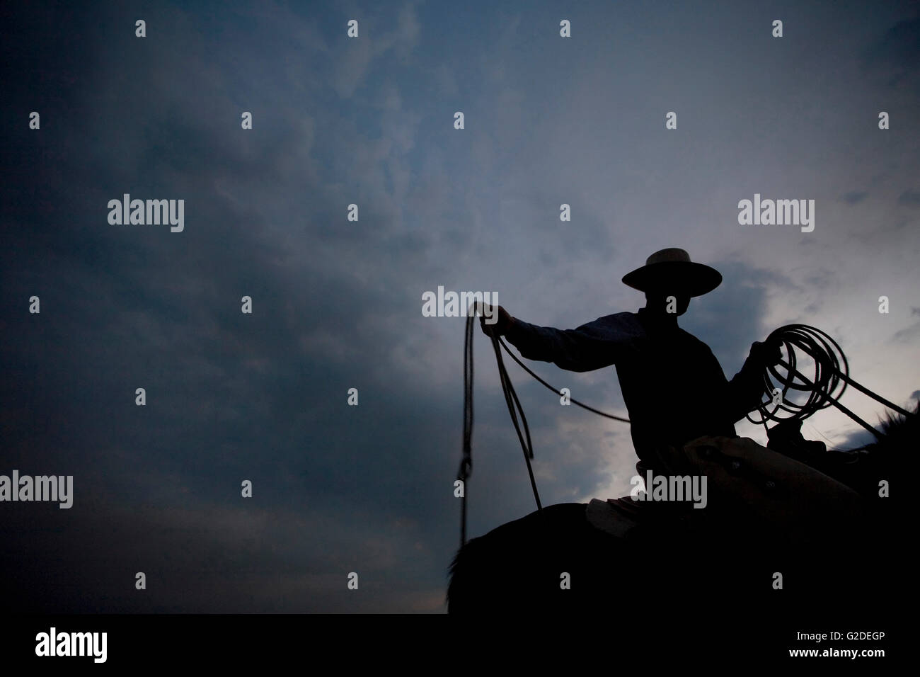 Silhouette of Cowboy with Rope on Horse Stock Photo