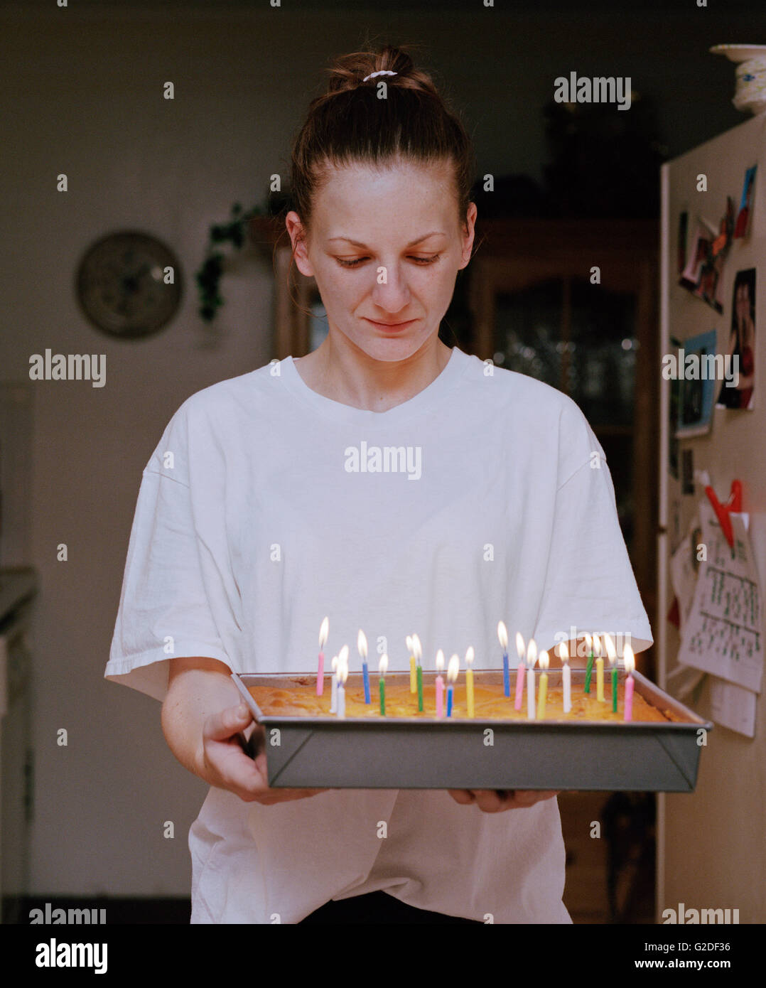 Woman Holding Sheet Cake with Lit Birthday Candles Stock Photo Alamy