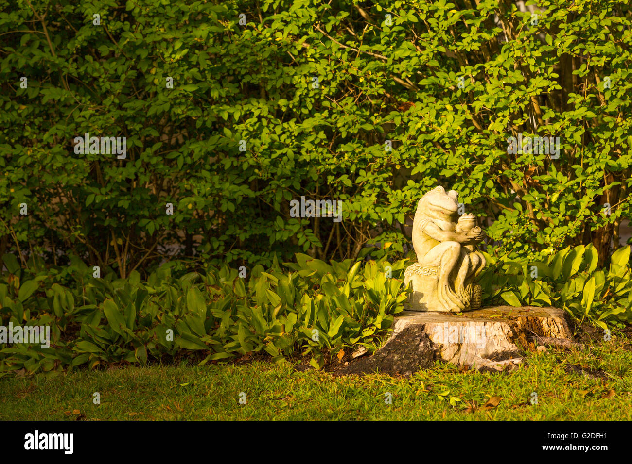 concrete sculpture of a larger frog holding a small frog in a garden setting Stock Photo