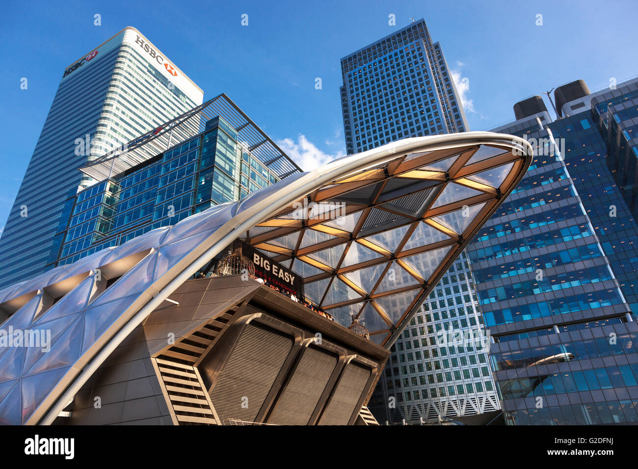 Canary Wharf crossrail station with Canary Wharf skyscrapers in the background Stock Photo