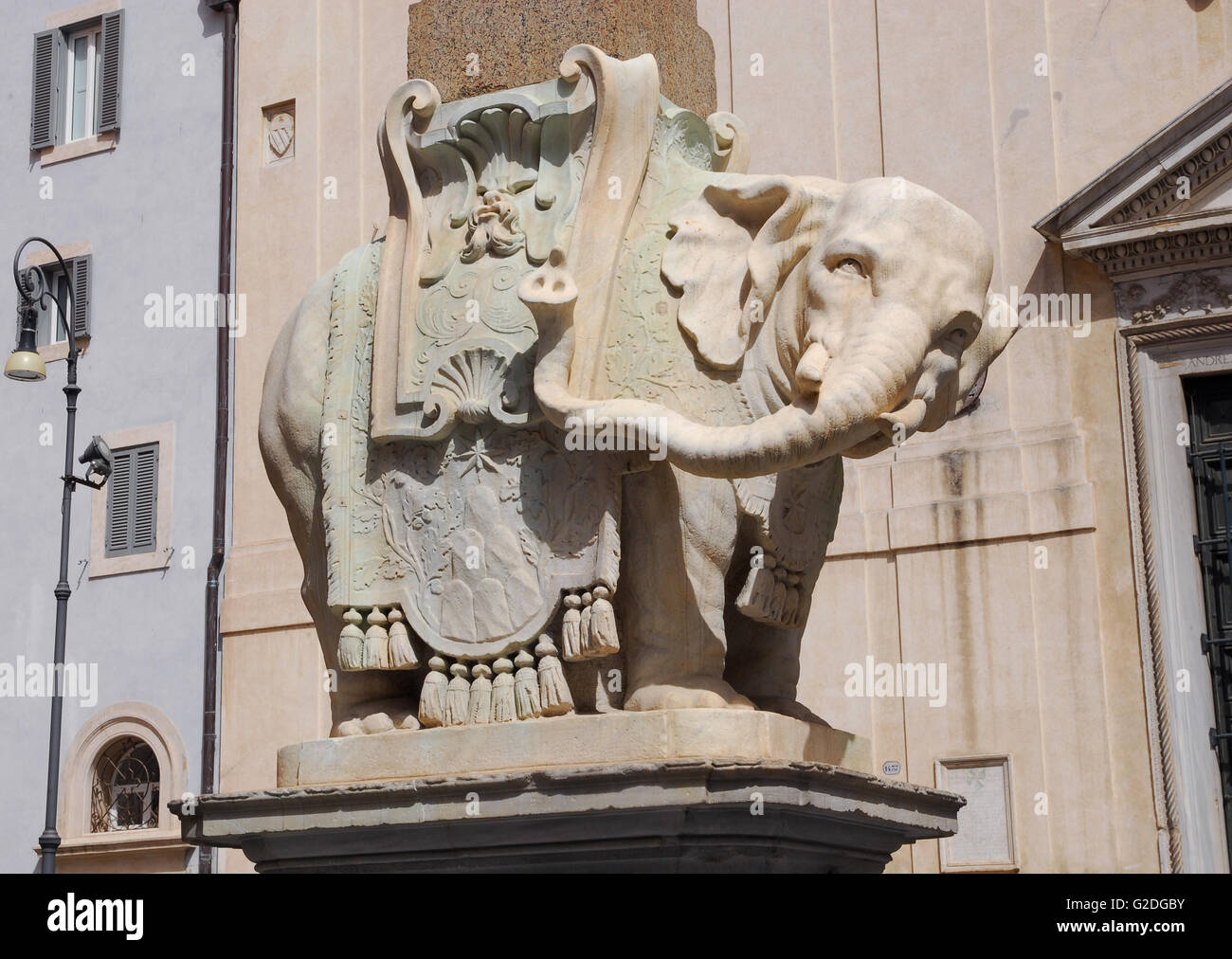 Bernini's Elephant marble statue with Pope Chigi emblem in front of Santa Maria sopra Minerva Basilica, designed by the famous b Stock Photo