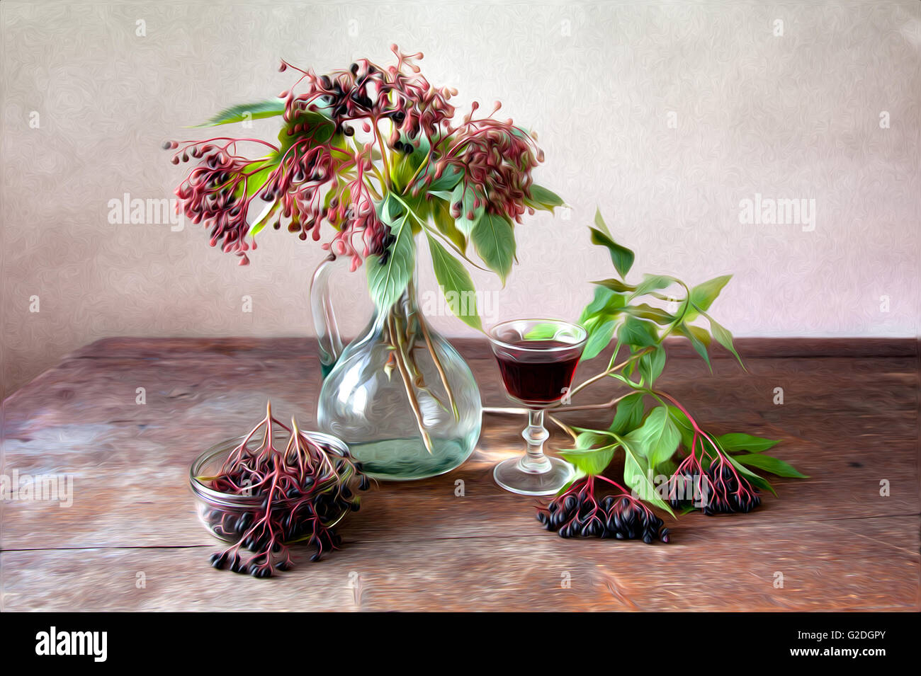 Autumn Still-Life Painting with ripe Elder Berries Stock Photo