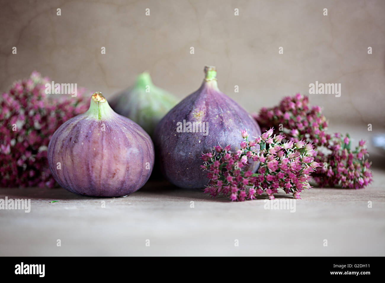 Fresh fig fruits arranged on wooden table Stock Photo