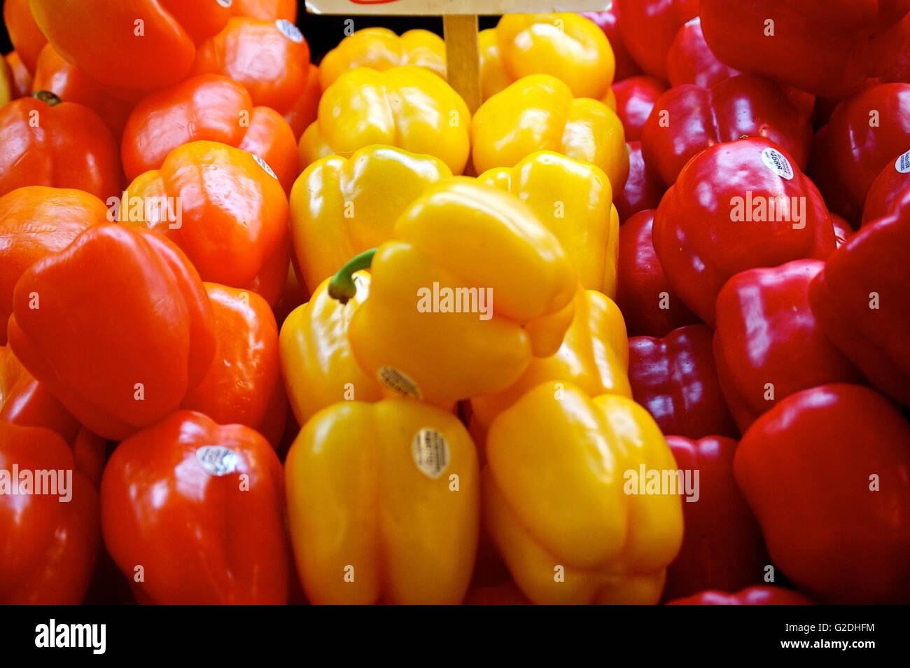 Bell Peppers are on display at the Pike Place Market awaiting buyers from the local farmers. Stock Photo