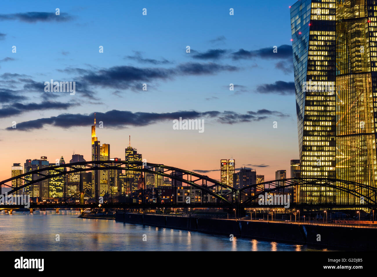 European Central Bank ( ECB ), in the background the financial district , Frankfurt am Main, Germany Stock Photo