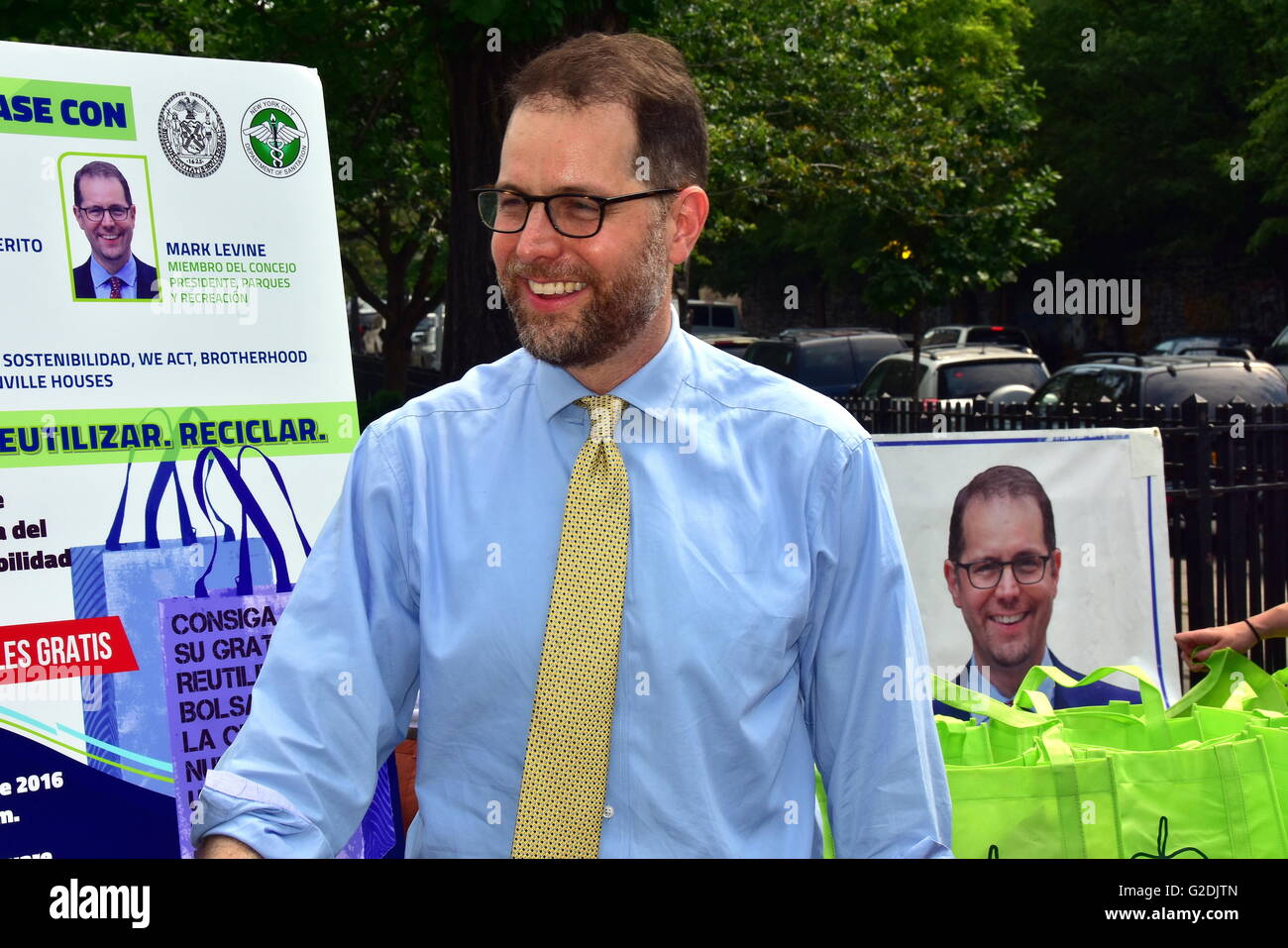 New York City - May 27, 2016: District 7 NYC Council Member Mark Levine at an environmental free reuseable shopping bag giveaway Stock Photo