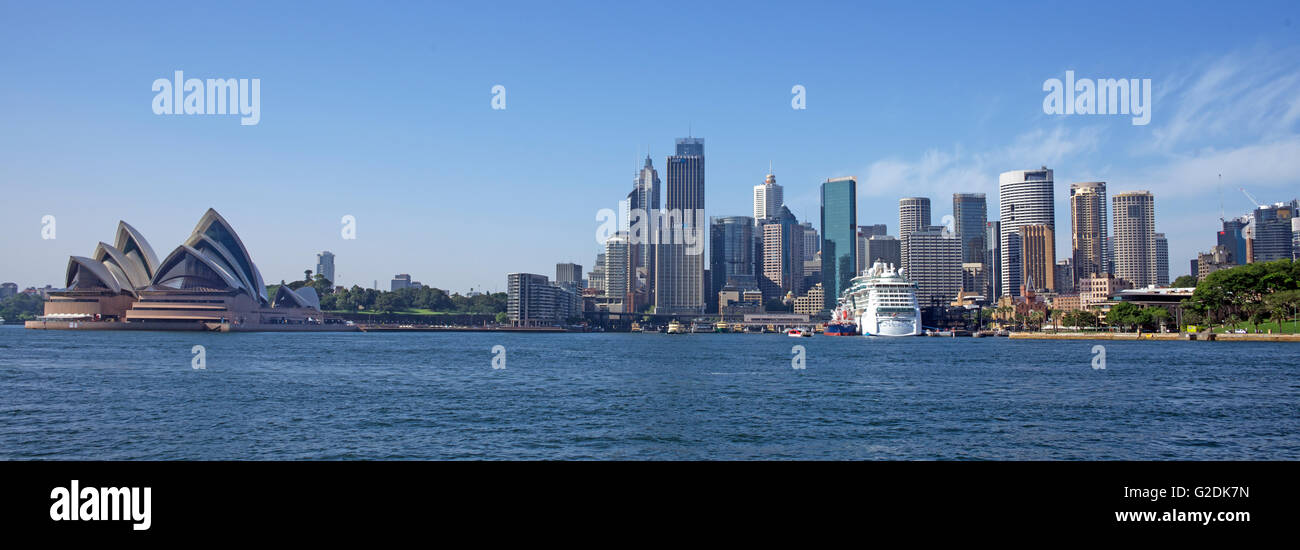Panoramic view Circular Quay with Opera House and cruise ship Sydney Harbour NSW Australia Stock Photo