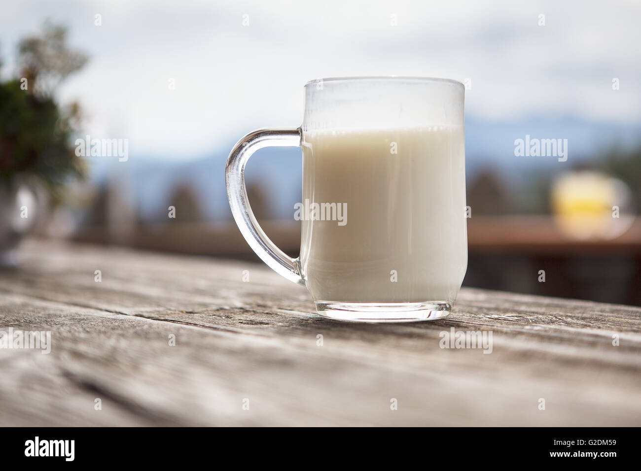 Pint of fresh buttermilk served in an alpine chalet in Austria Stock Photo