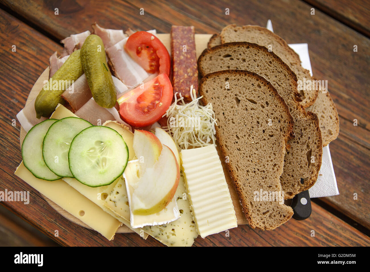 Jause with bread, ham and cheese served in an alpine chalet in Austria ...
