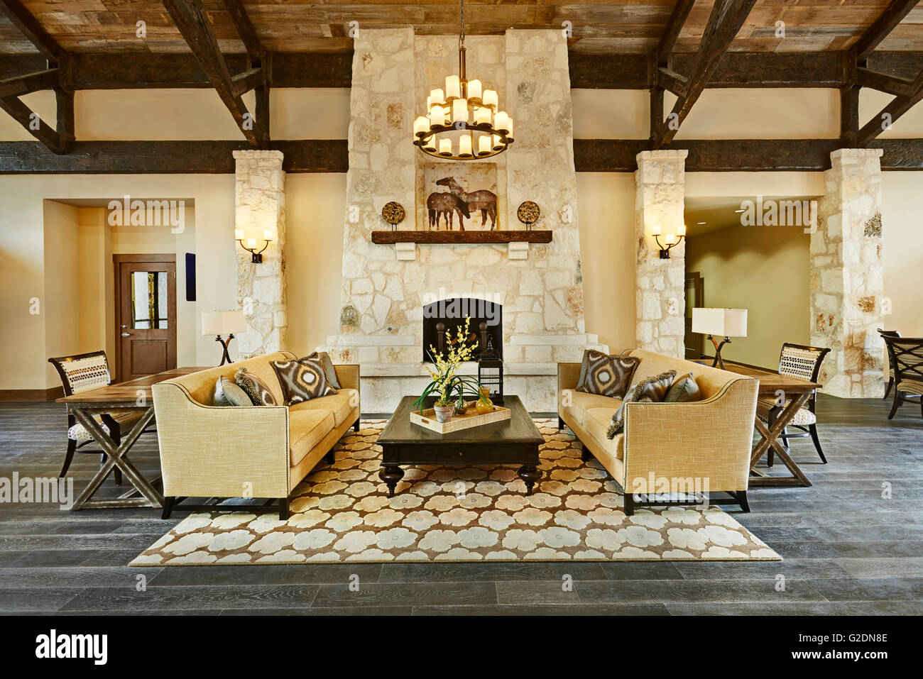 Clubhouse Lounge Area with Fireplace Stock Photo