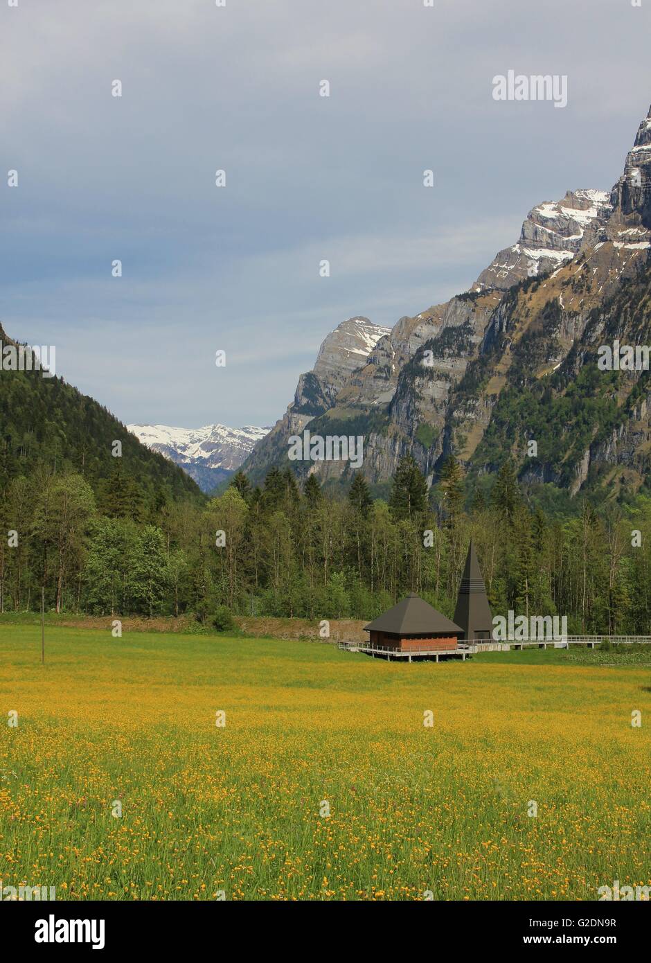 Meadow full of yellow wildflowers. High mountains of the Glaernisch. Modern church. Spring scene in the Swiss Alps. Stock Photo