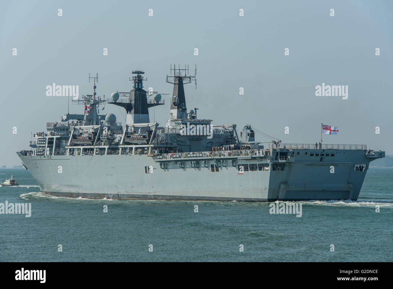 The British Royal Navy Assault Ship, HMS Bulwark (L15), departs Portsmouth, UK for Battle of Jutland commemoration on the 27th May 2016. Stock Photo