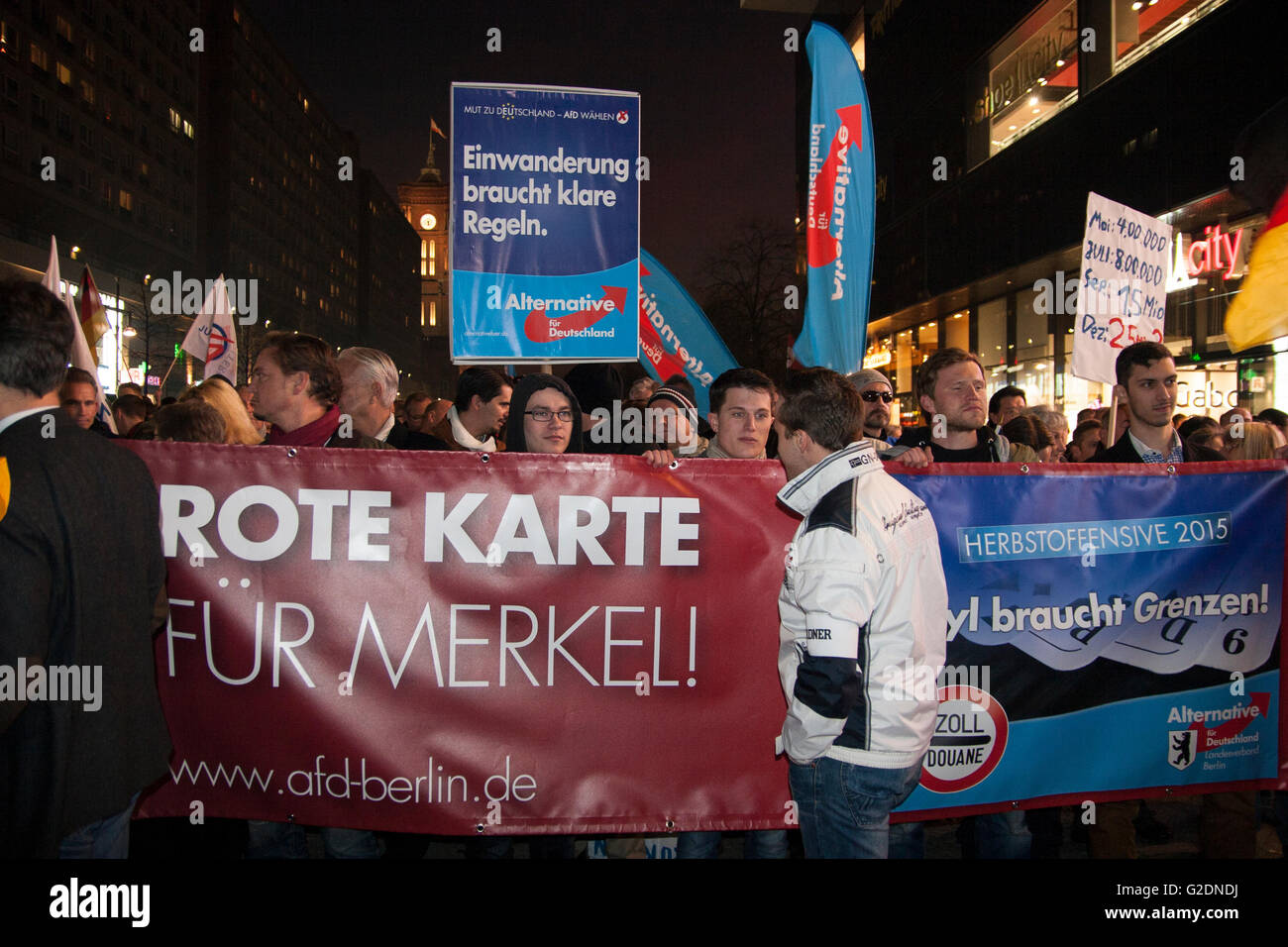 AfD Demonstration in Berlin, Germany. 'Red Card for Merkel' Stock Photo