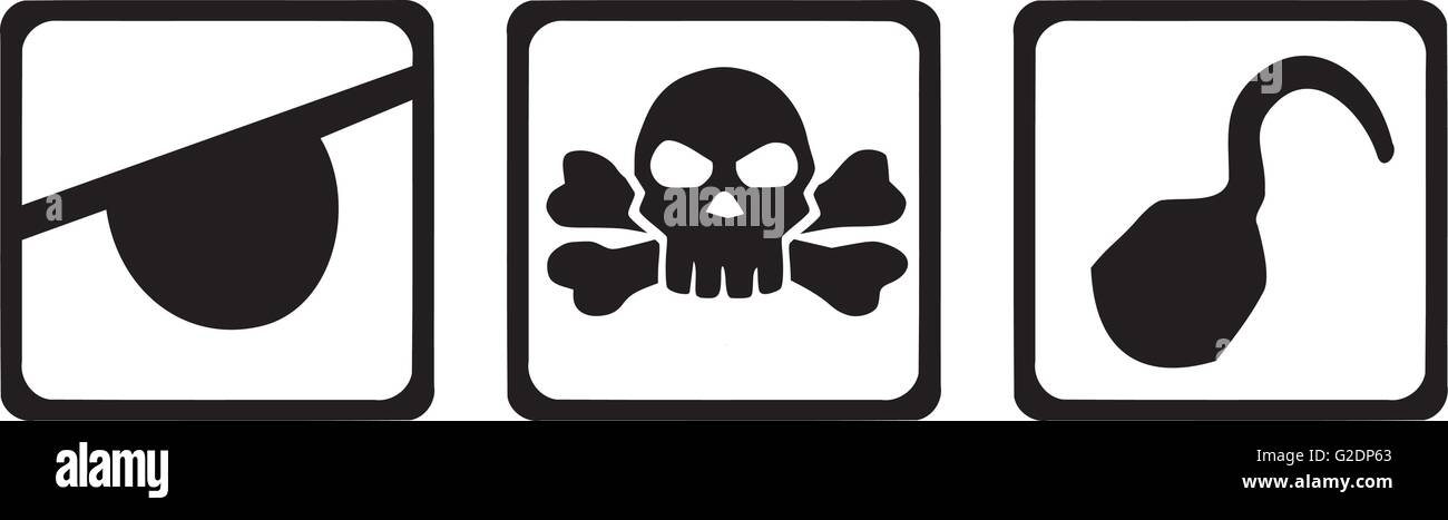 Pirate icons - eye patch, skull with crossbones and hook Stock Vector ...