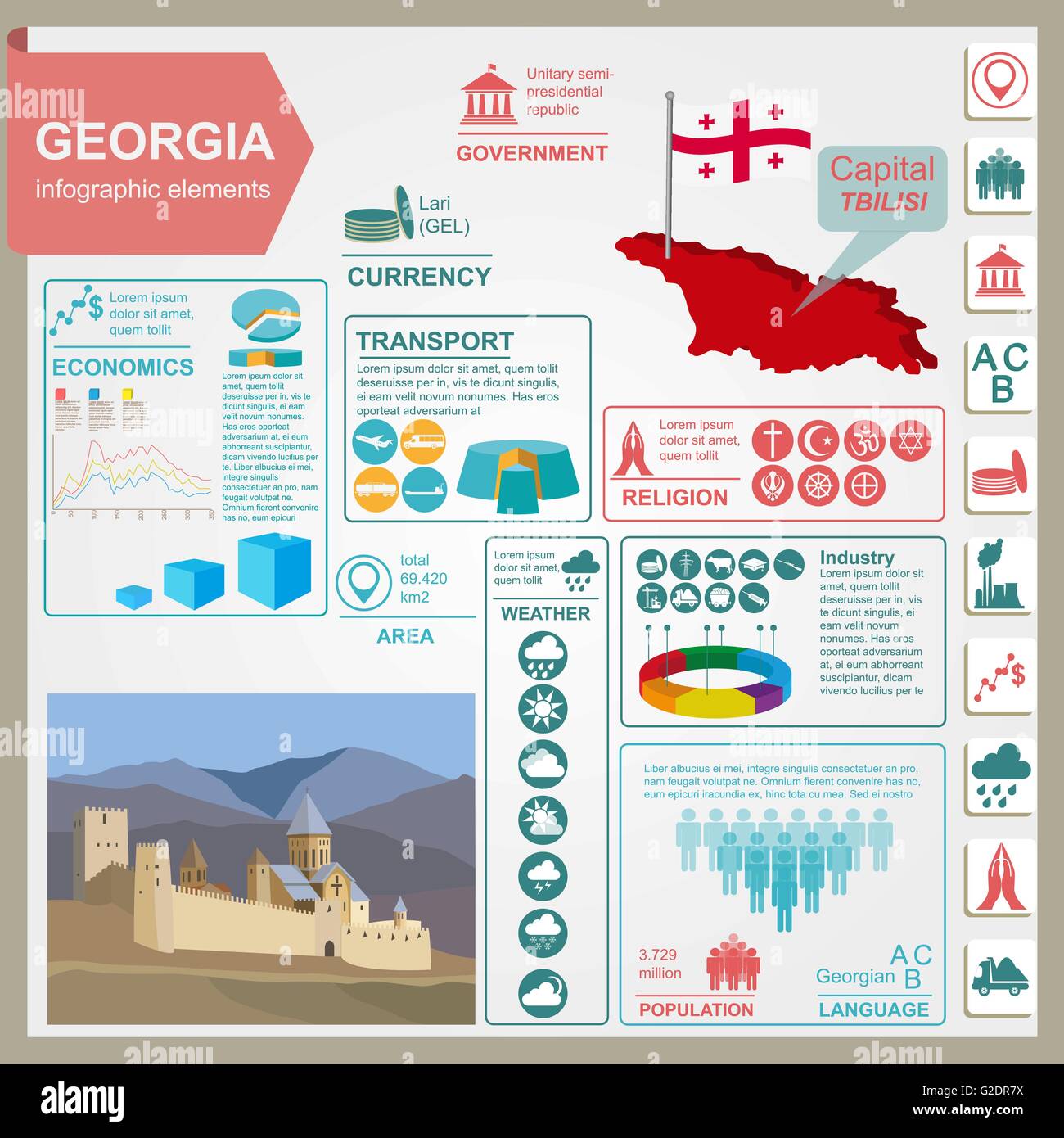 Georgia  infographics, statistical data, sights. Vector illustration Stock Vector
