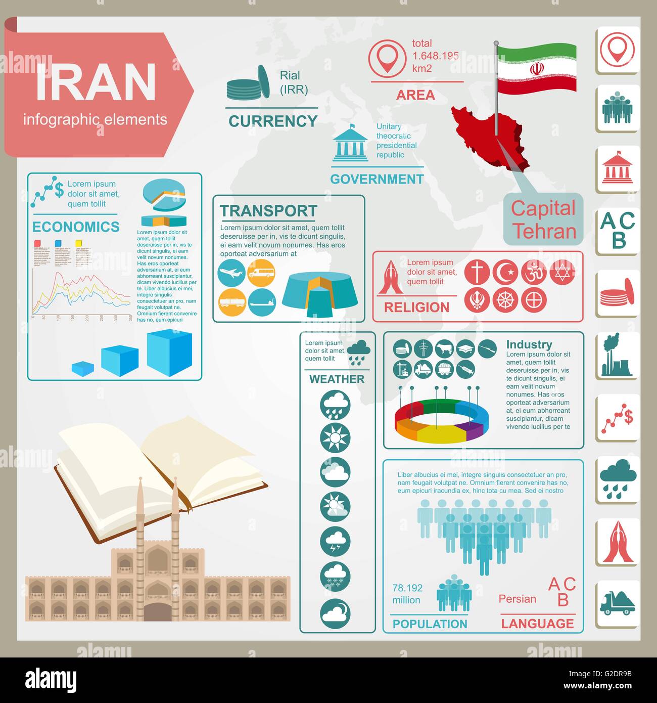Iran infographics, statistical data, sights. Vector illustration Stock Vector