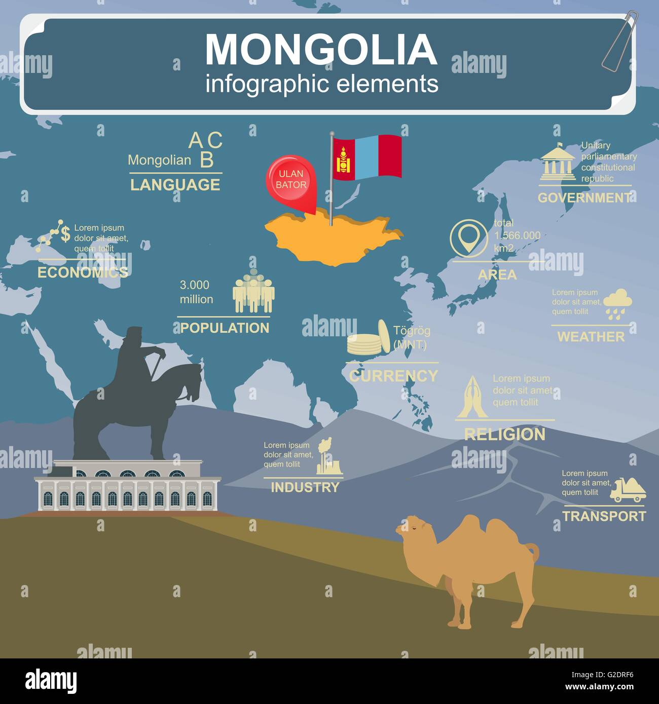 Mongolia  infographics, statistical data, sights. Vector illustration Stock Vector