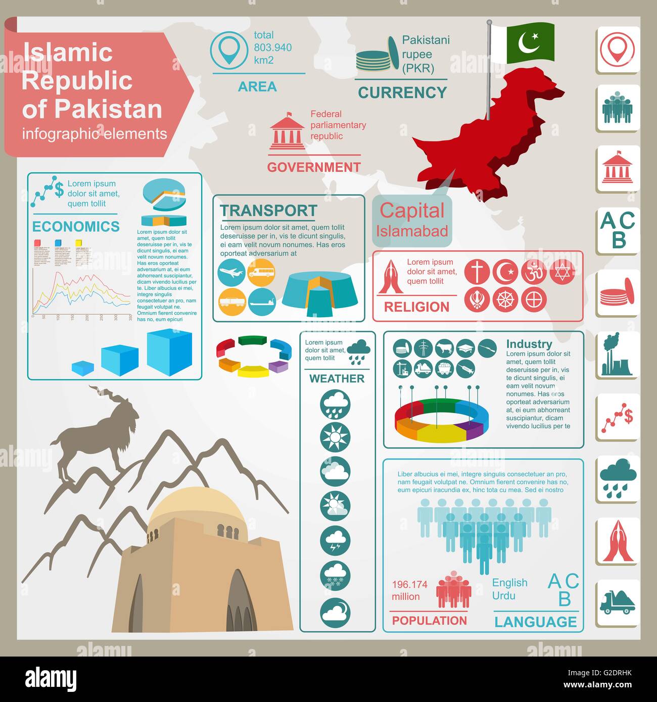 Pakistan  infographics, statistical data, sights. Vector illustration Stock Vector
