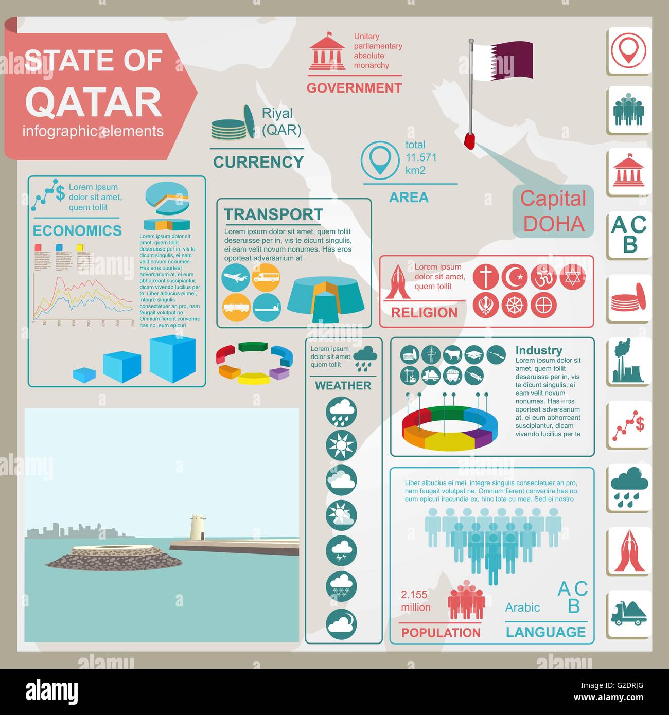 Qatar infographics, statistical data, sights. Fort Umm Salal Mohammed.  Vector illustration Stock Vector
