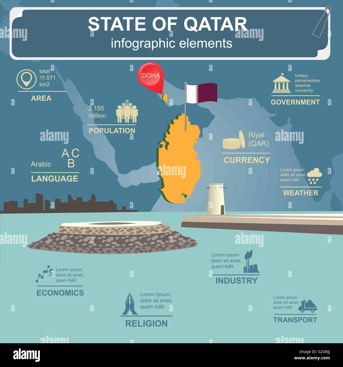 Qatar infographics, statistical data, sights. Fort Umm Salal Mohammed.  Vector illustration Stock Vector