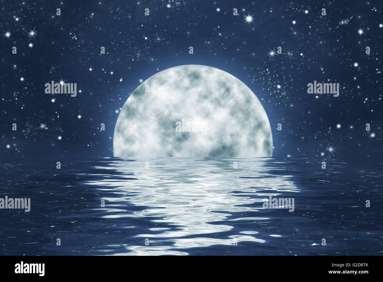 moon set over water with waves, with full moon on blue night sky with stars Stock Photo