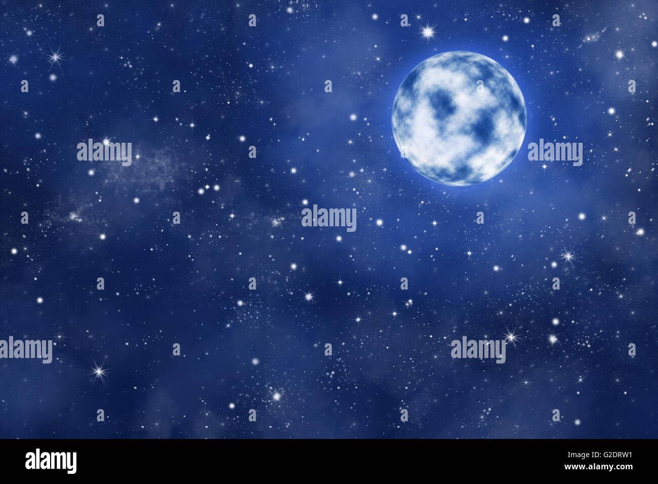 bright moon on blue starry night sky with nebula, illustarion Stock ...