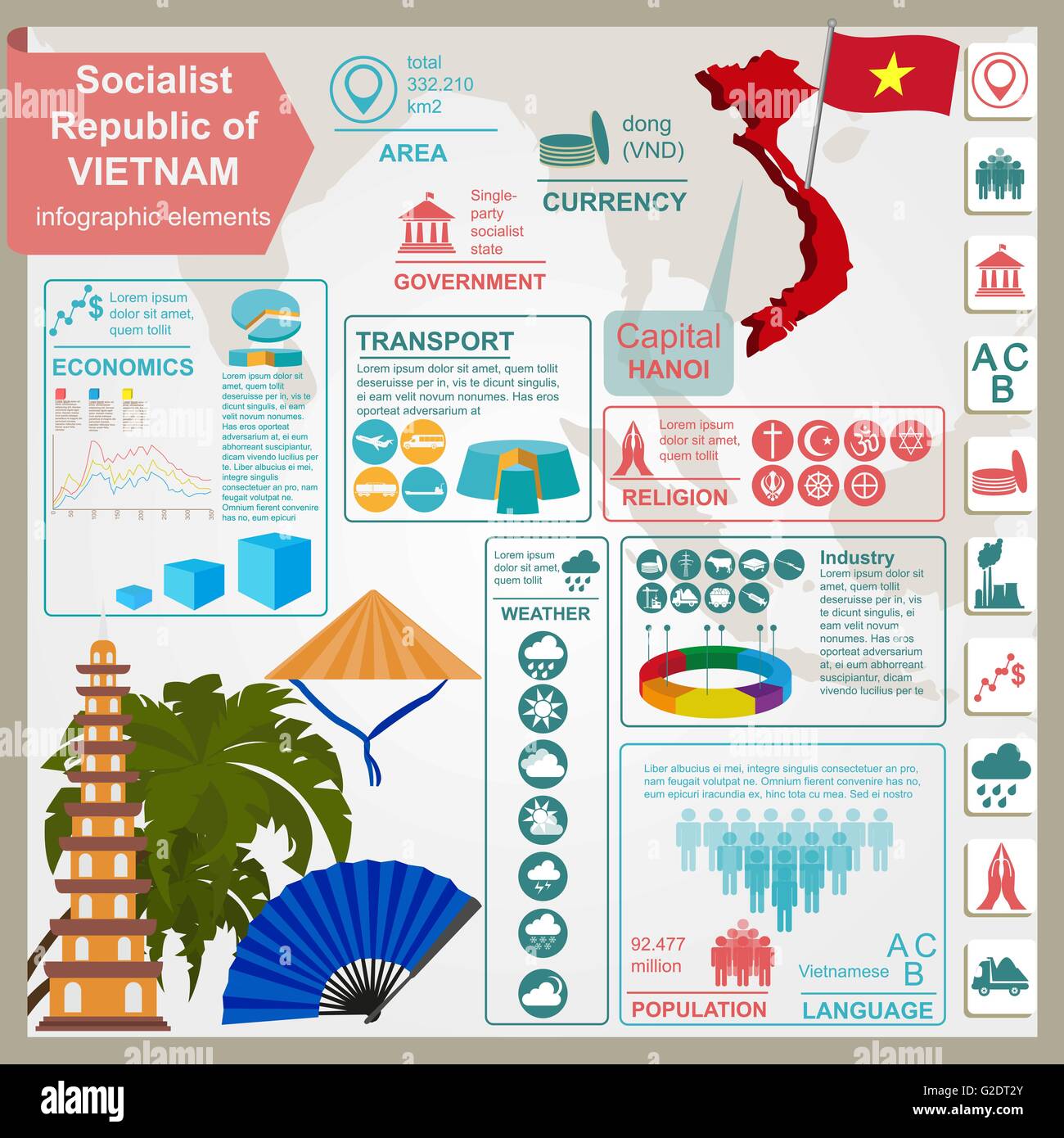 Vietnam  infographics, statistical data, sights. Vector illustration Stock Vector