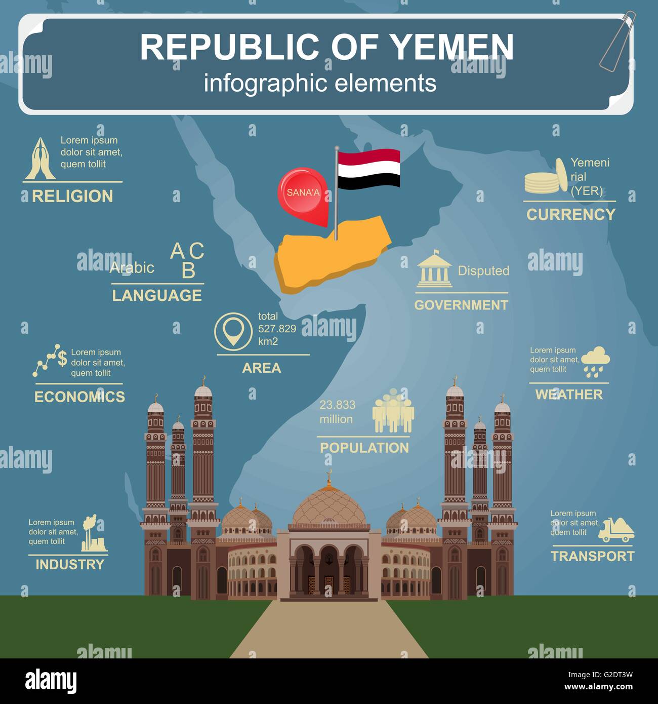 Yemen  infographics, statistical data, sights. Vector illustration Stock Vector