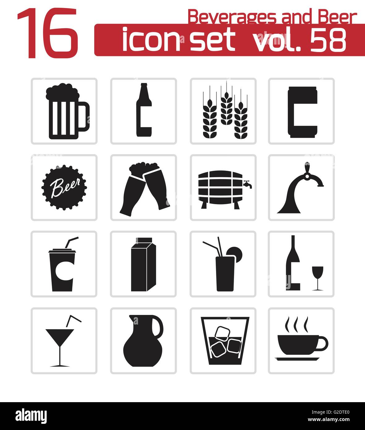 Vector black beer and beverage icons set on white background Stock ...