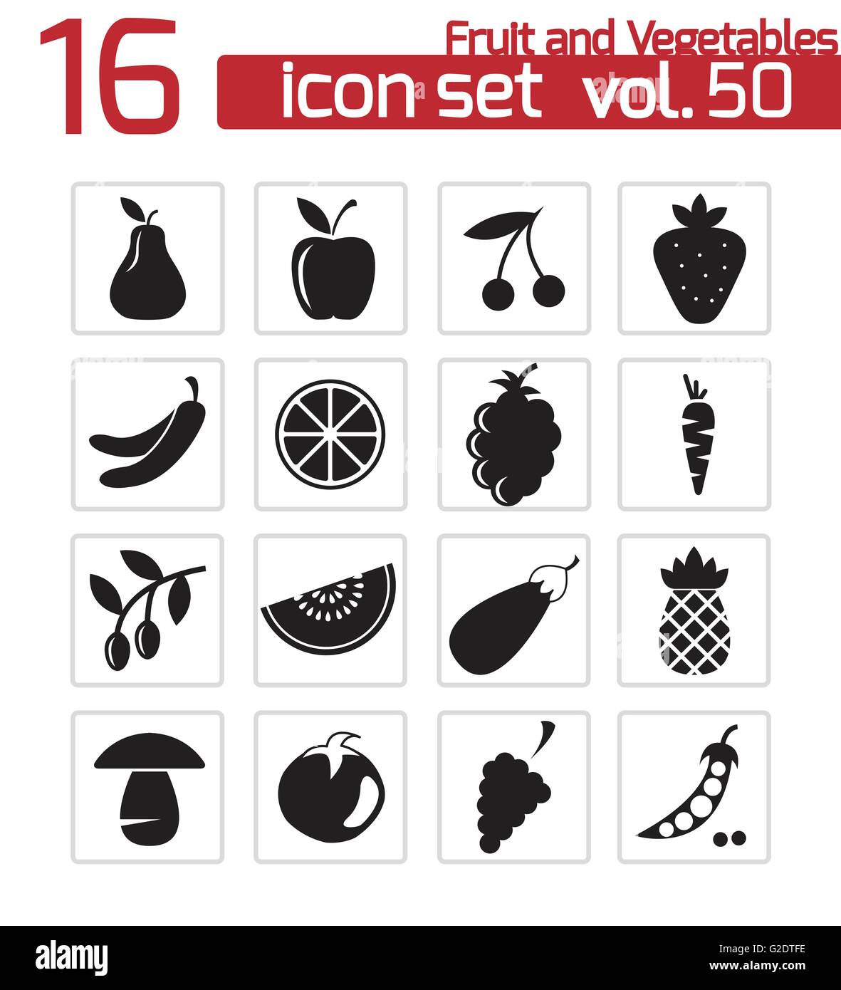 Vector black fruits and vegetables icons set on white background Stock ...