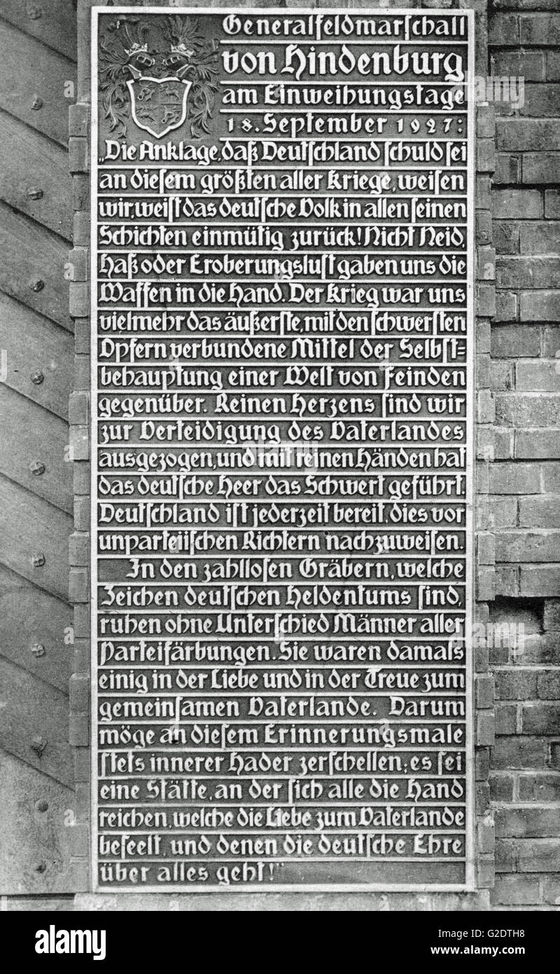 Tannenberg Memorial - Large plate at the entrance tower, refusing the sole responsibility of Germany on World War 1. It was always Hindenburgs point, that Germany is not to blame alone, till his death. Stock Photo