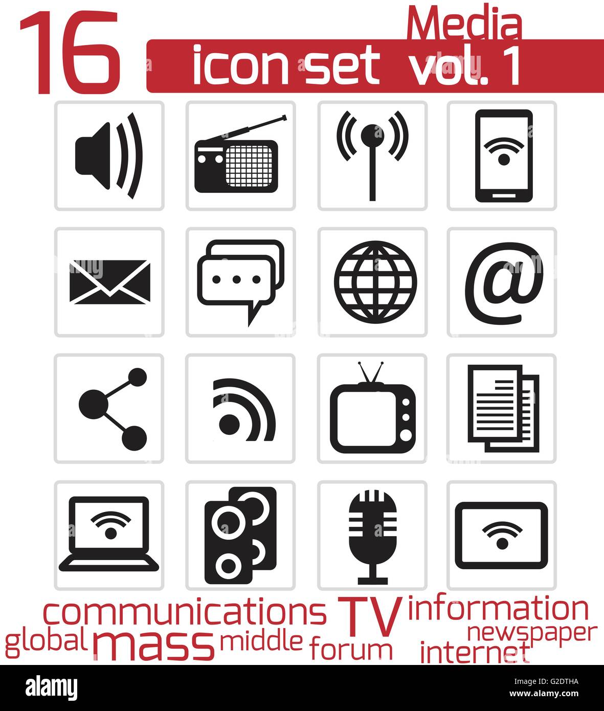 Vector black Communication and media icon on white background Stock ...
