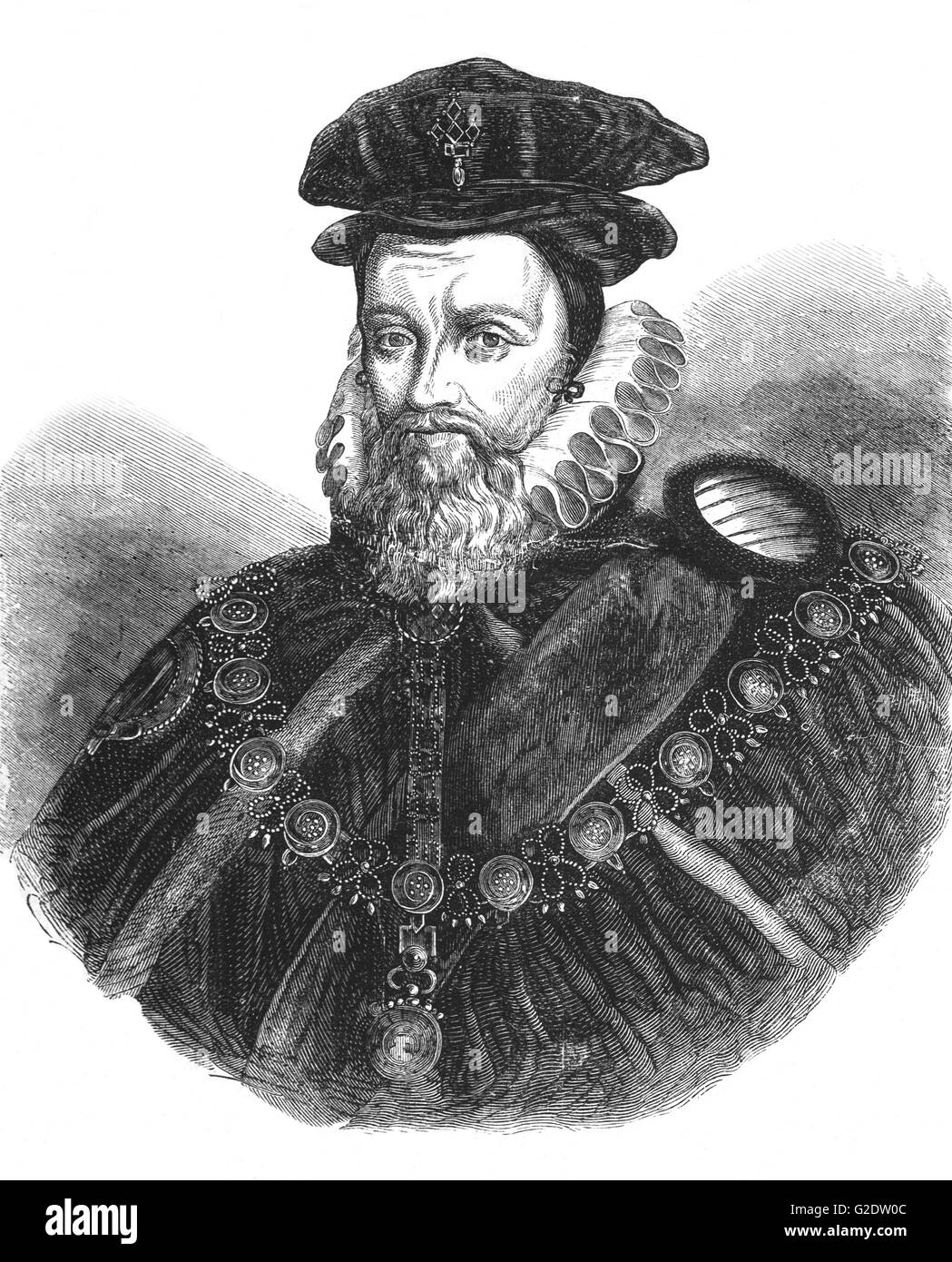 William Cecil, 1st Baron Burleigh (1520 – 1598) was an English statesman, the chief adviser of Queen Elizabeth I for most of her reign, twice Secretary of State  and Lord High Treasurer from 1572. Stock Photo