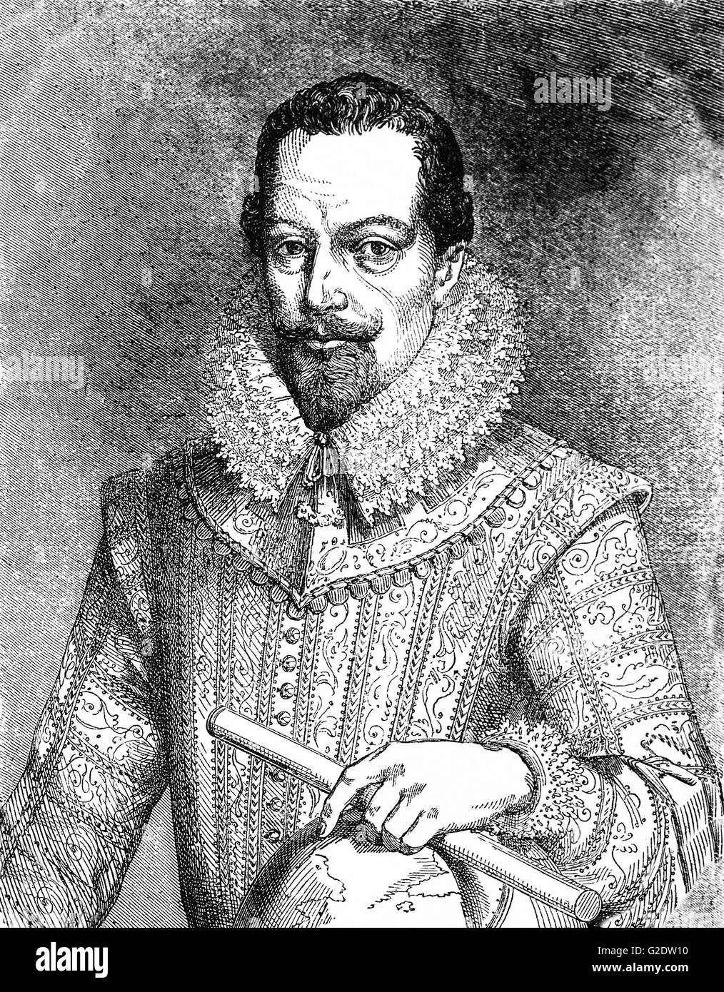 Sir Walter Raleigh ( 1554 – 1618) was an English landed gentleman, writer, poet, soldier, politician, courtier, spy, and explorer well known for popularising tobacco in England. Stock Photo