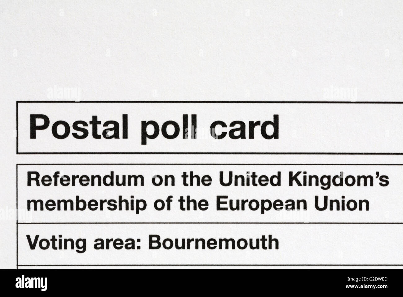 Postal poll card details of Referendum on the United Kingdom's membership of the European Union 16 voting area Bournemouth Stock Photo